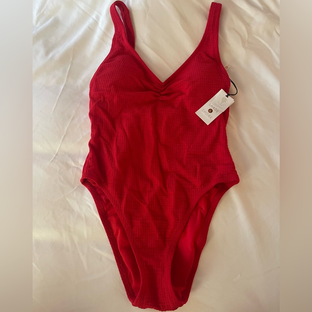 SMALL 4-6 New Target Shade Shore Red Textured Adjust Back Tie One Piece Swimsuit